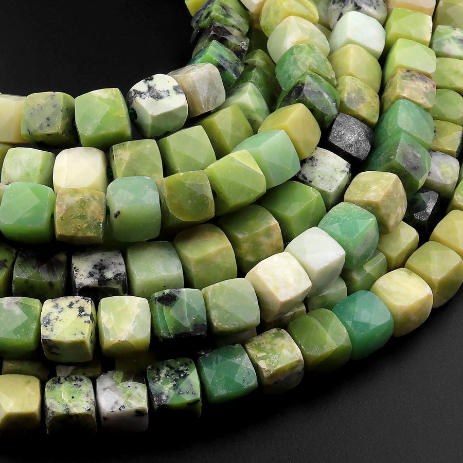 Natural African Green Yellow Chrysoprase Faceted 6mm 8mm Cube Square Dice Beads Gemstone 15.5" Strand