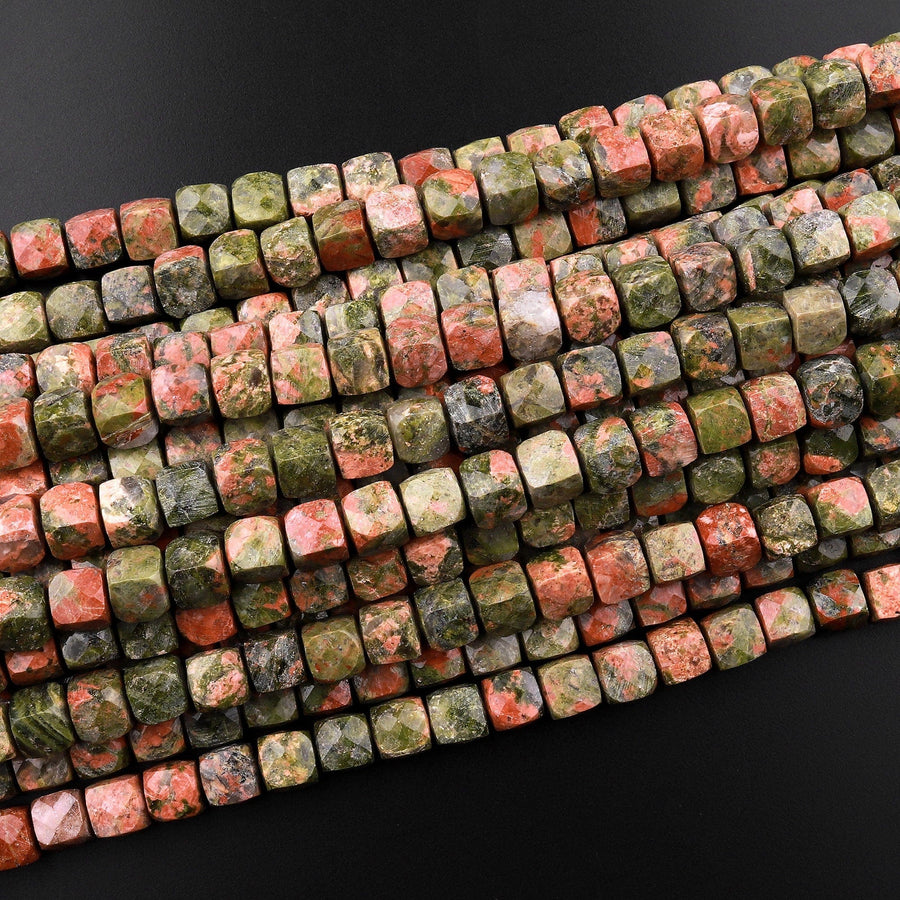 Faceted 5mm 6mm Unakite Cube Beads Dazzling Natural Gemstone 15.5" Strand