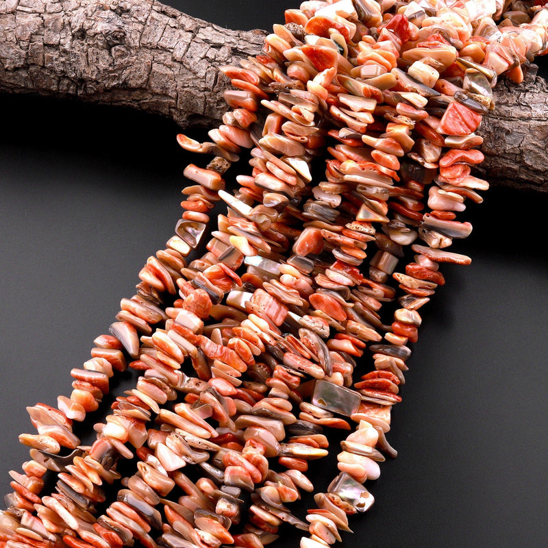 Large Natural Orange Abalone Freeform Long Chip Beads Iridescent Rainbow Glow 15.5" Strand