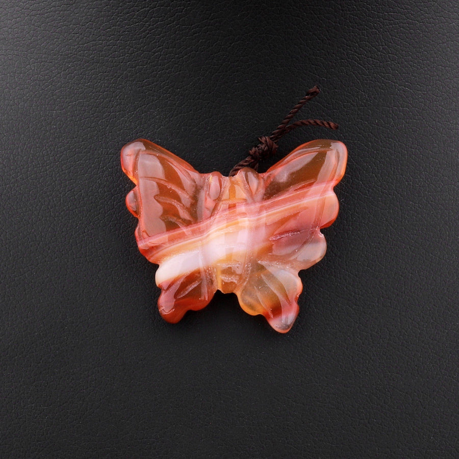 Hand Carved Natural Carnelian Butterfly Pendant Vertically Drilled Gemstone Focal Bead