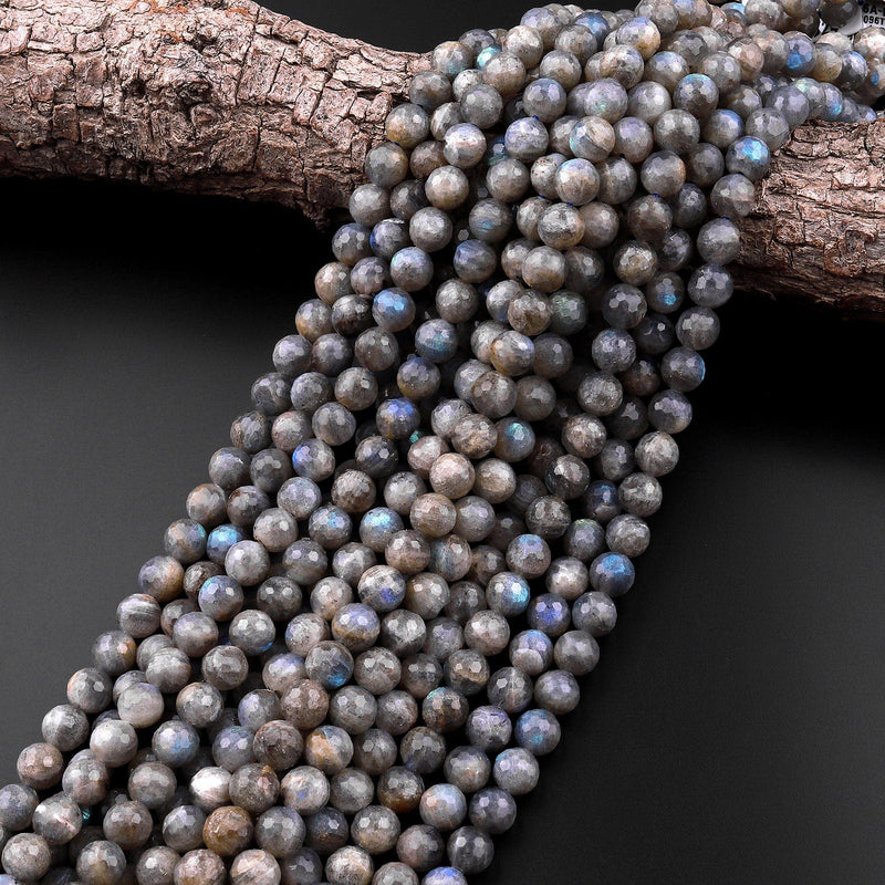Faceted Natural Labradorite 6mm 8mm 10mm 12mm Round Beads 15.5" Strand