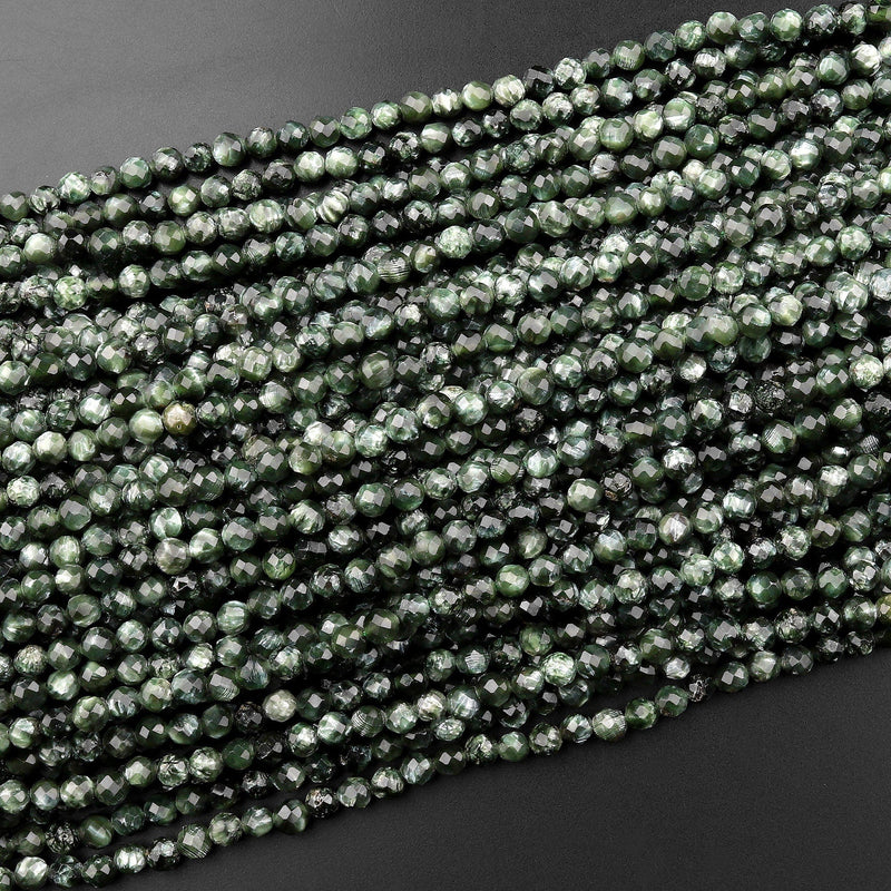 AAA Natural Green Seraphinite Faceted Round Beads 3mm 4mm 5mmGemstone From Russia 15.5" Strand