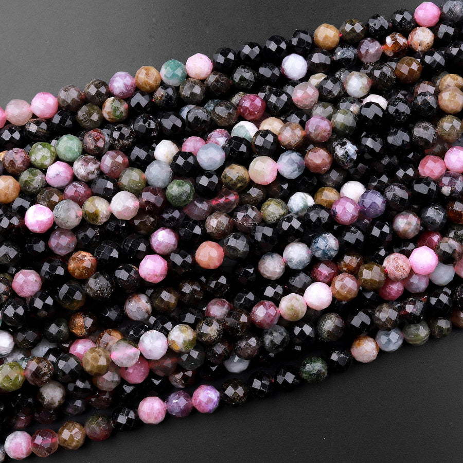 Faceted Natural Green Pink Tourmaline Round Beads 6mm 15.5" Strand