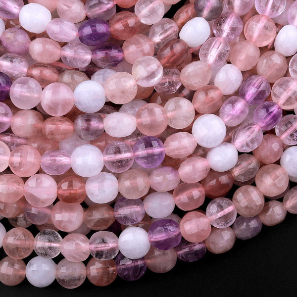 Natural Rose Quartz Amethyst White Jade Strawberry Quartz Faceted 6mm Coin Beads 15.5" Strand