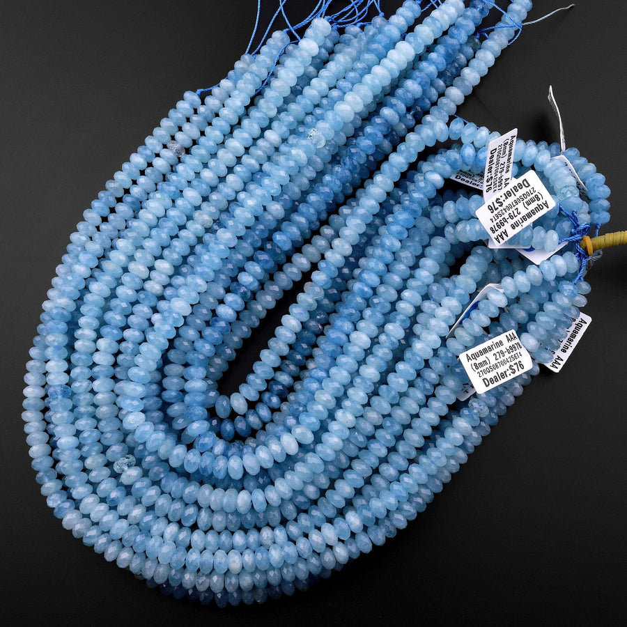 AAA Faceted Natural Blue Aquamarine Rondelle Beads 4mm 6mm 8mm 10mm 15.5" Strand