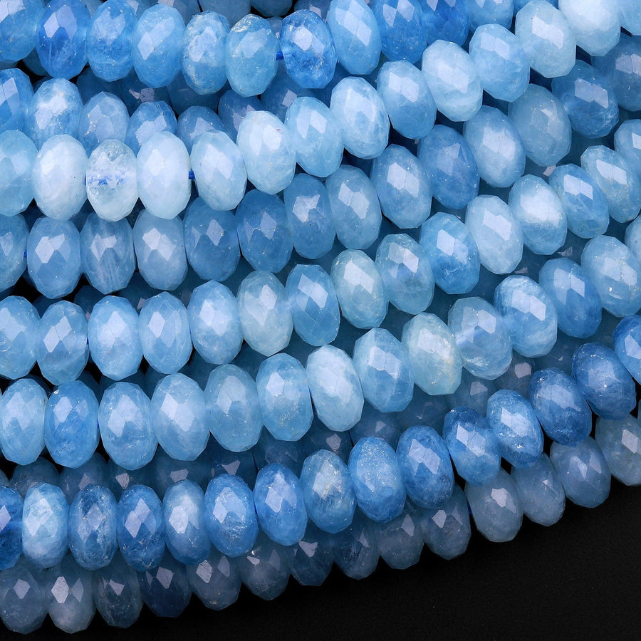 AAA Faceted Natural Blue Aquamarine Rondelle Beads 4mm 6mm 8mm 10mm 15.5" Strand