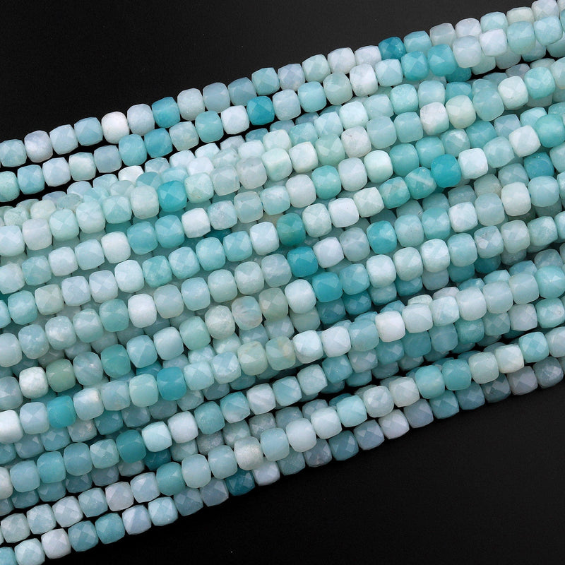 Natural Blue Amazonite Faceted 4mm 5mm Cube Dice Square Beads Strand