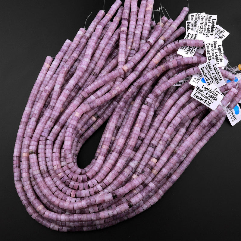 Natural Lilac Purple Lepidolite 4mm 6mm Heishi Rondelle Beads 15.5" Strand