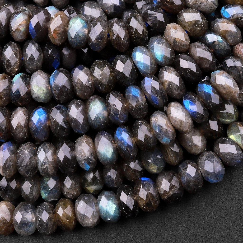AA Faceted Dark Labradorite Rondelle Beads 7mm 8mm Brilliant Rainbow Blue Flashes Fire 15.5" Strand