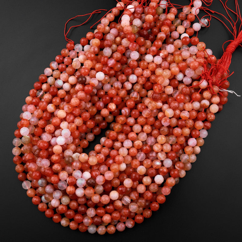 Faceted Natural Red Botswana Agate 6mm 8mm Round Beads Sparkling Dazzling Vibrant Gemstone 15.5" Strand