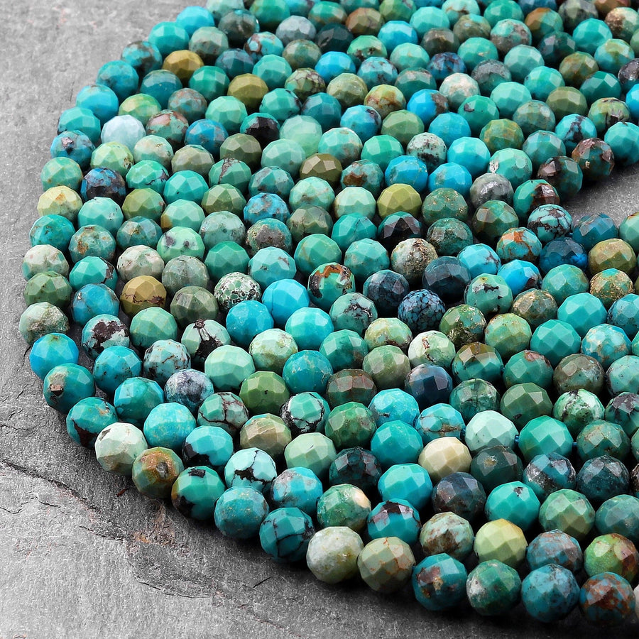 Natural Turquoise 4mm 5mm Faceted Round Beads Real Genuine Natural Blue Green Turquoise Micro Faceted Cut 15.5" Strand
