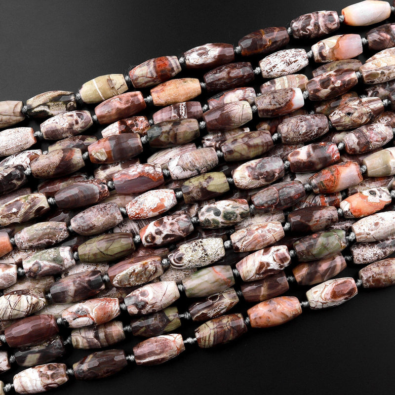 Faceted Mushroom Jasper Rhyolite Drum Cylinder Barrel Rice Beads 15.5" Strand