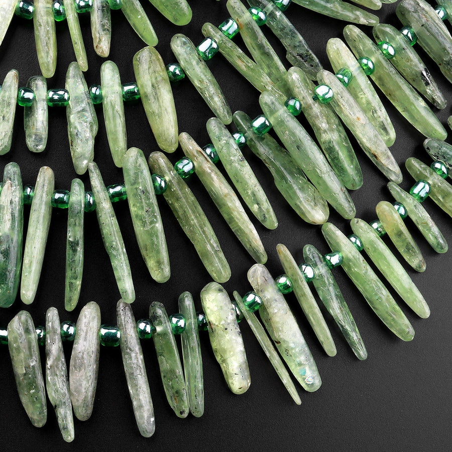 Natural Green Kyanite Freeform Spike Beads Top Side Drilled Long Stick Chip 15.5" Strand