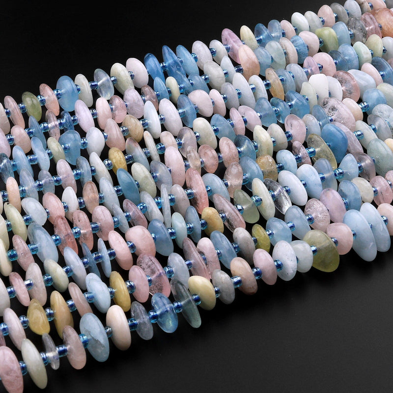 Multicolor Pink Blue Green Aquamarine Morganite Beryl Smooth Freeform Disc Chip Beads 15.5" Strand