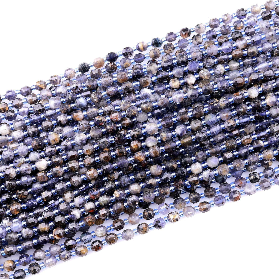 Natural Iolite 6mm Beads Rounded Faceted Energy Prism Double Terminated Points 15.5" Strand