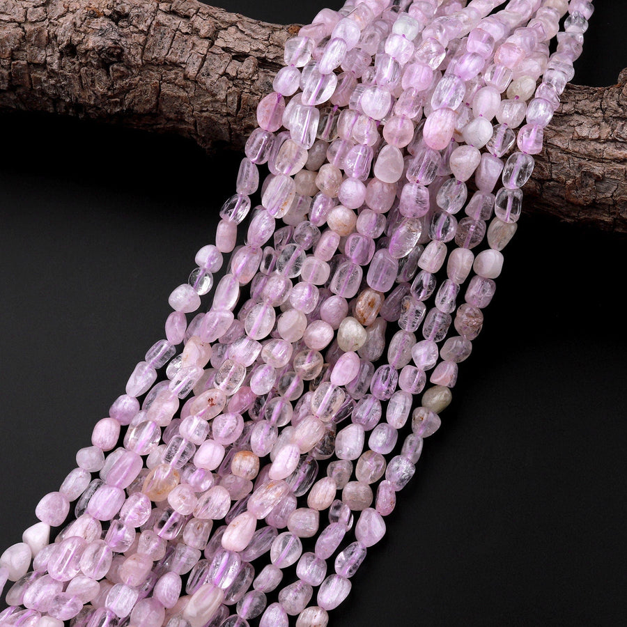 Gemmy Natural Kunzite Freeform Rounded Pebble Nuggets Beads Lilac Pink Gemstone 15.5" Strand