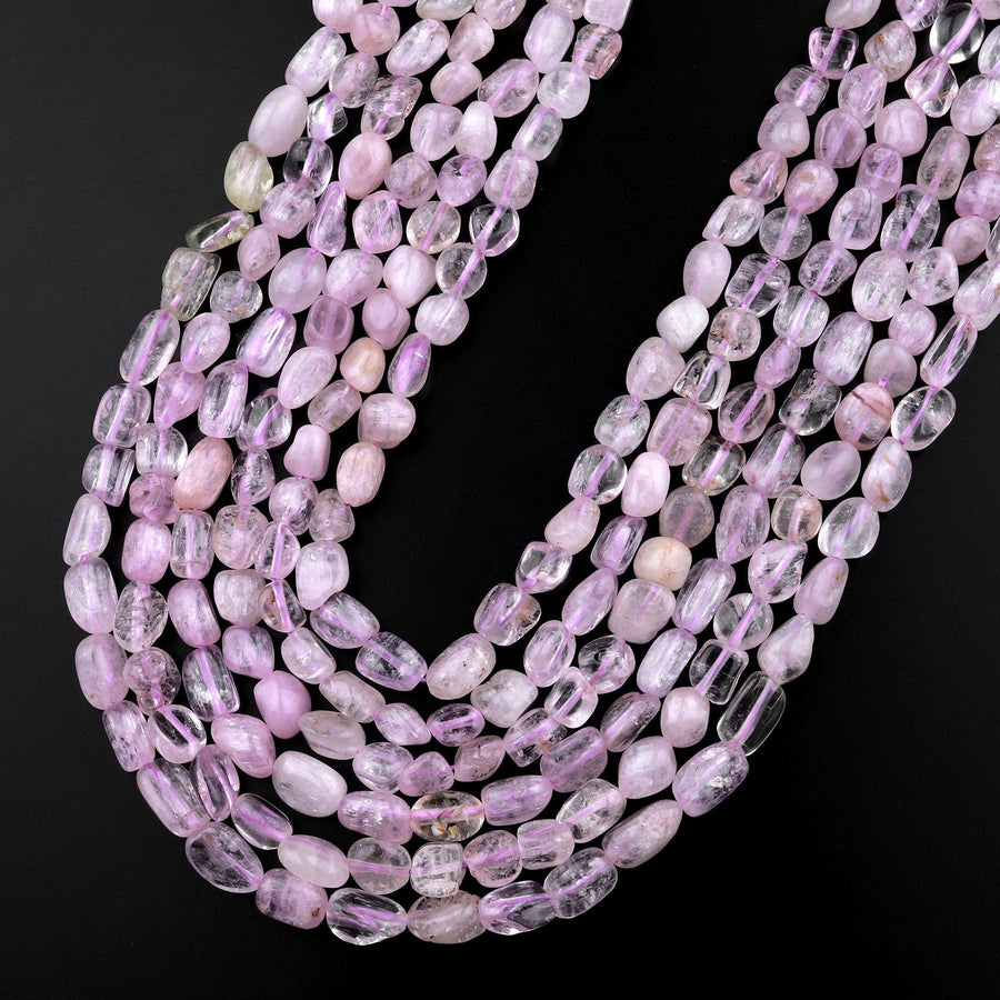 Gemmy Natural Kunzite Freeform Rounded Pebble Nuggets Beads Lilac Pink Gemstone 15.5" Strand