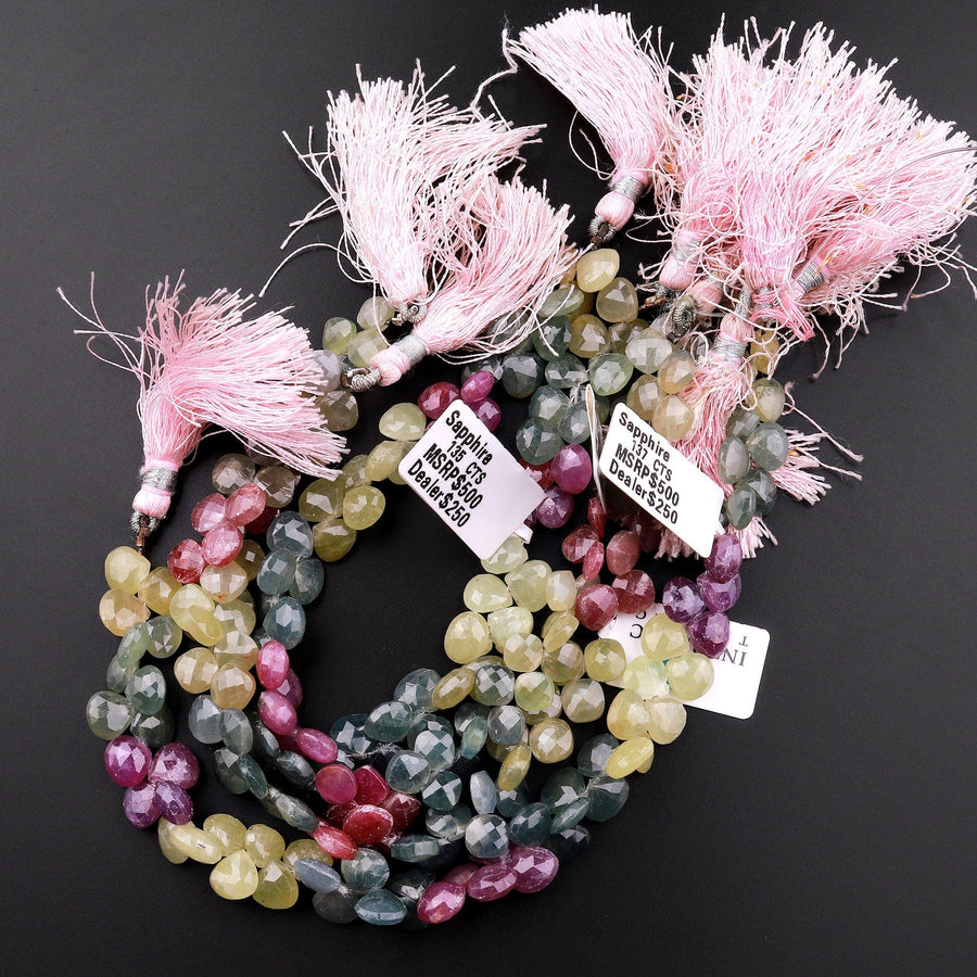 Faceted Real Genuine Natural Blue Pink Yellow Sapphire Marquise Teardrop Briolette Beads 8" Strand