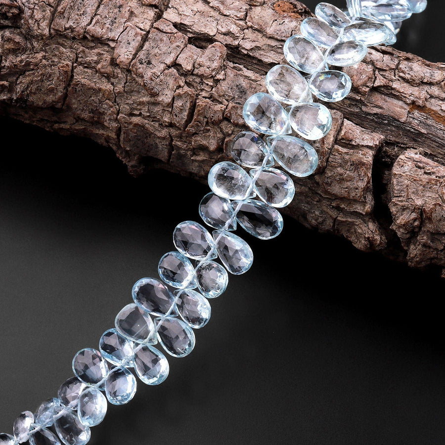 Faceted Real Genuine Natural Blue Topaz Teardrop Briolette Beads 8" Strand
