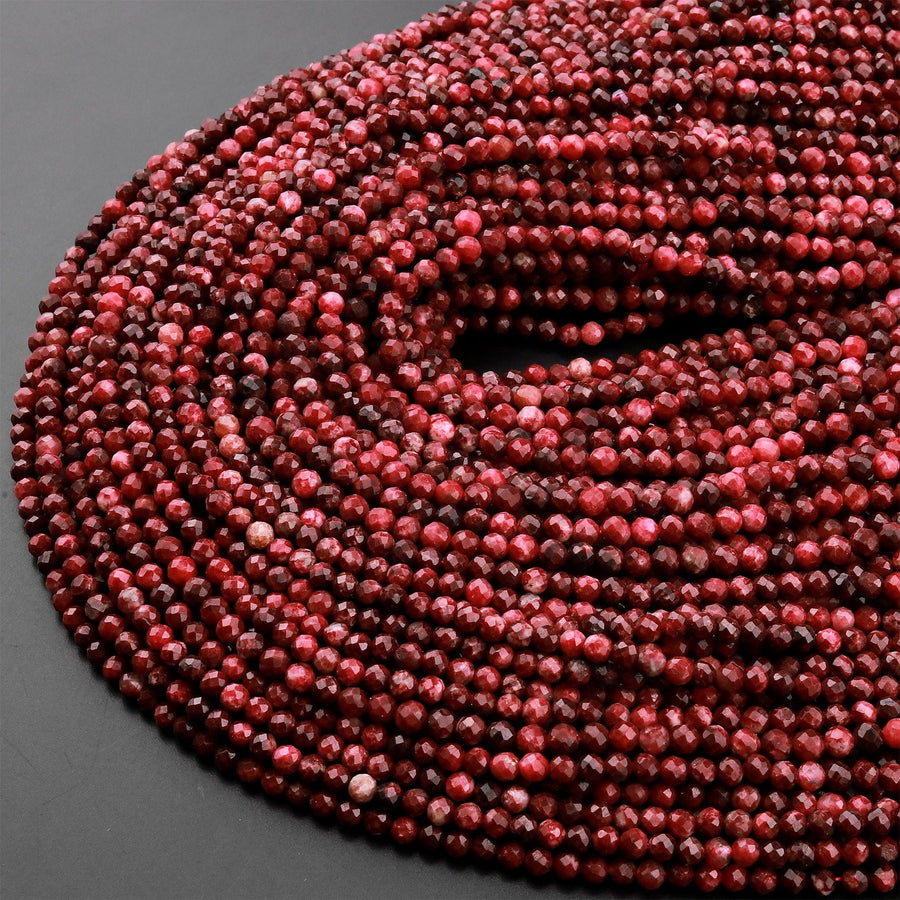 Micro Faceted Natural Red Thulite 3mm Round Beads Diamond Cut Gemstone From Norway 15.5" Strand