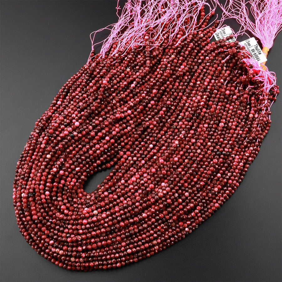Micro Faceted Natural Red Thulite 3mm Round Beads Diamond Cut Gemstone From Norway 15.5" Strand
