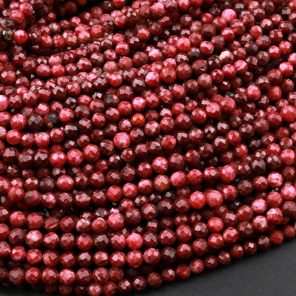 Micro Faceted Natural Red Thulite 3mm Round Beads Diamond Cut Gemstone From Norway 15.5" Strand