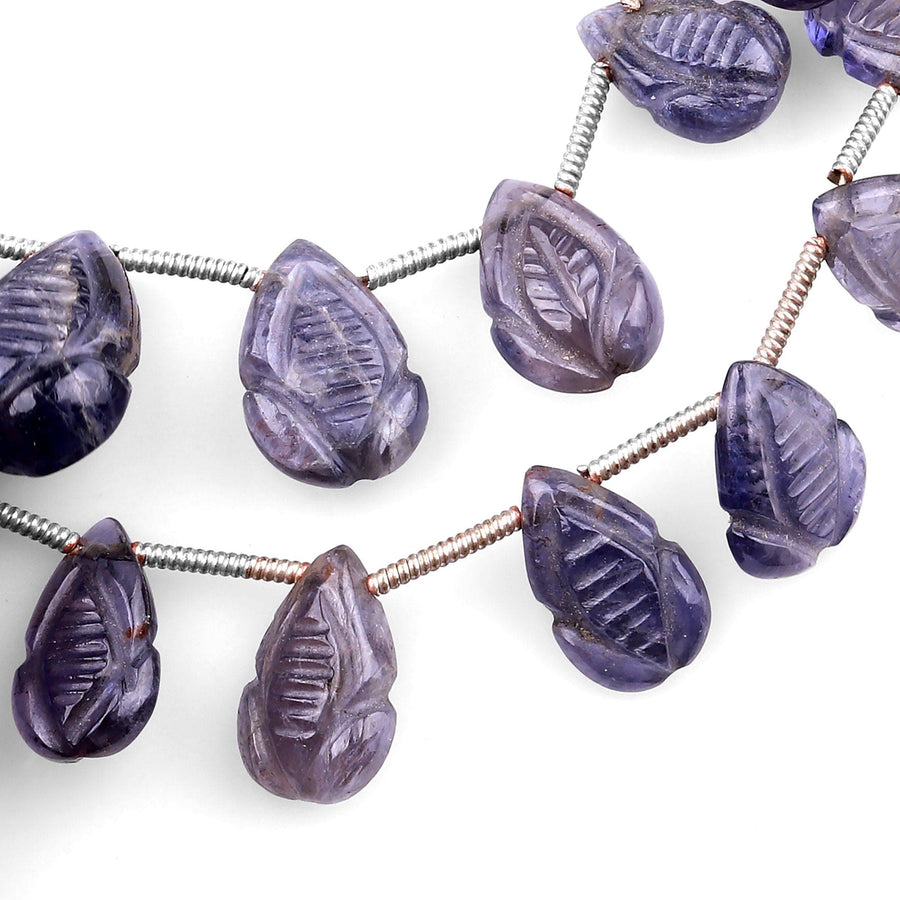 Hand Carved Real Genuine Natural Iolite Leaf Teardrop Beads 8" Strand