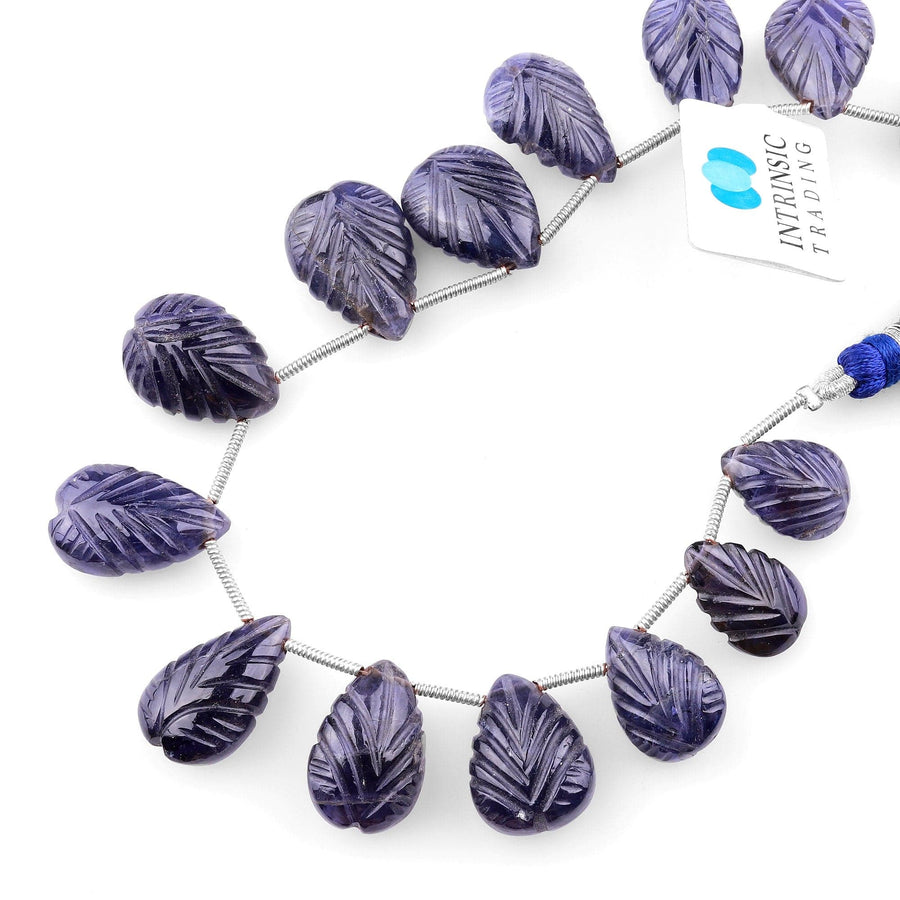 Hand Carved Real Genuine Natural Iolite Leaf Teardrop Beads 8" Strand