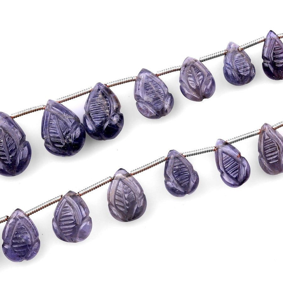 Hand Carved Real Genuine Natural Iolite Leaf Teardrop Beads 8" Strand