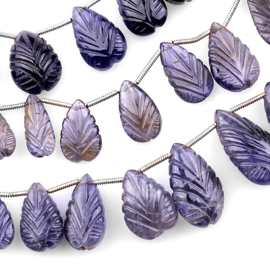 Hand Carved Real Genuine Natural Iolite Leaf Teardrop Beads 8" Strand