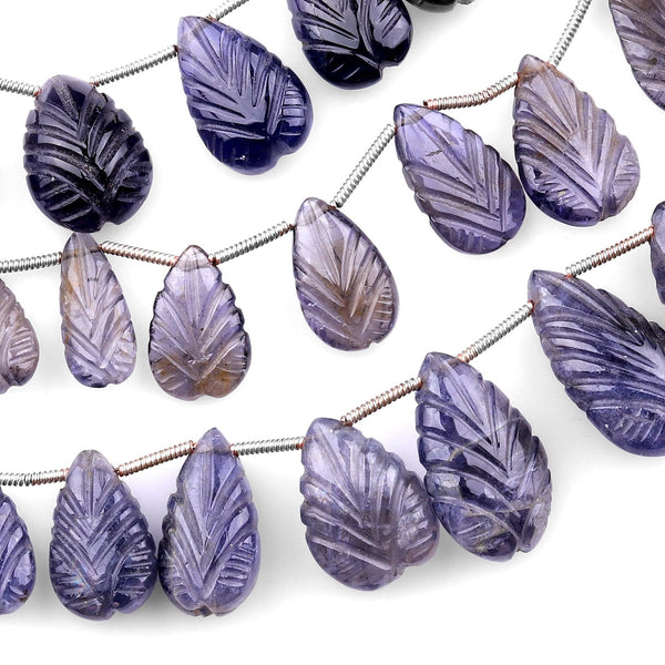 Hand Carved Real Genuine Natural Iolite Leaf Teardrop Beads 8" Strand