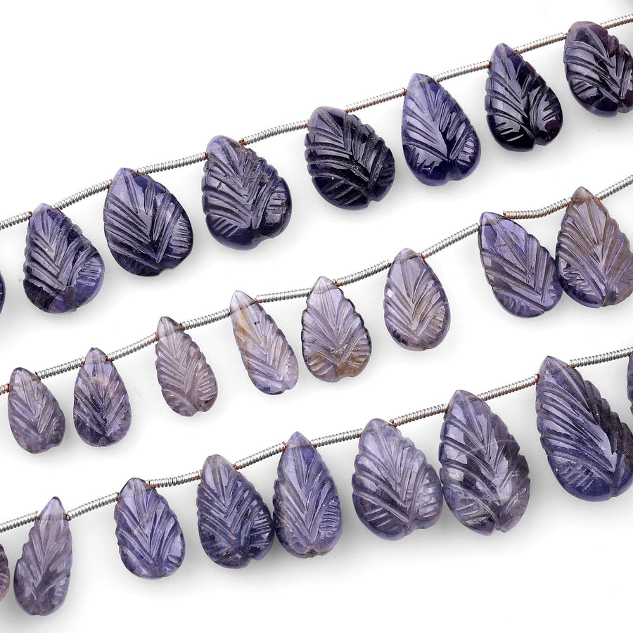 Hand Carved Real Genuine Natural Iolite Leaf Teardrop Beads 8" Strand