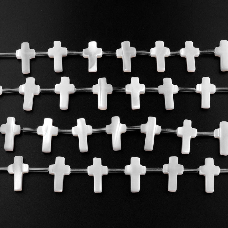 AAA Iridescent Carved Natural White Mother of Pearl Shell Corss Beads Side Drilled 15.5" Strand