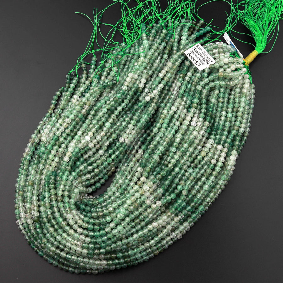 Rare Faceted African Green Chalcedony 4mm Round Beads Micro Cut Gemstone 15.5" Strand