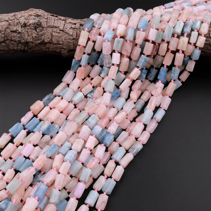 Natural Blue Aquamarine Pink Morganite Tube Beads 15.5" Strand