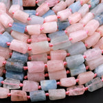 Natural Blue Aquamarine Pink Morganite Tube Beads 15.5" Strand