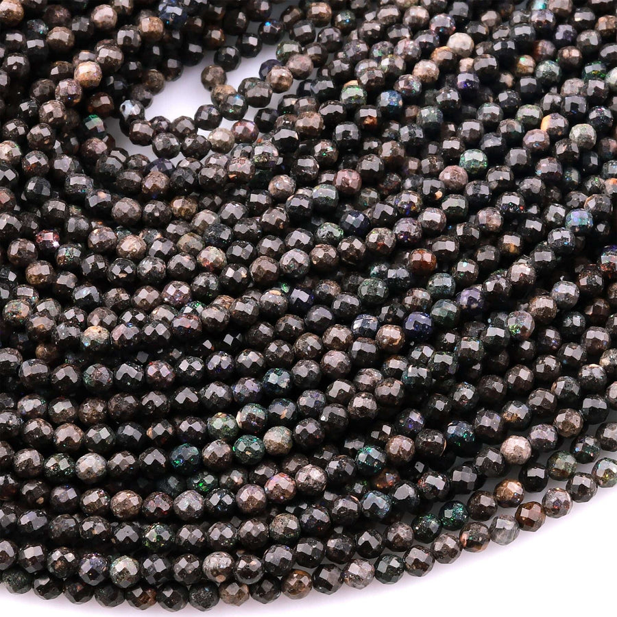 AAA Natural Australian Black Opal Faceted 2mm 3mm Round Beads 15.5" Strand