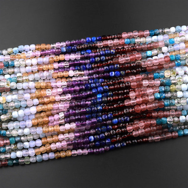Micro Faceted Multicolor Mixed Gemstone Cube Beads 4mm Apatite Lapis Garnet Strawberry Quartz Prehnite Amethyst Blue Chalcedony 15.5" Strand