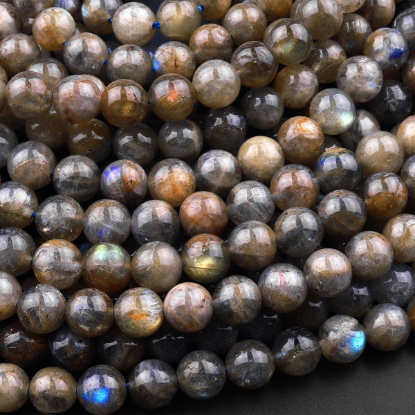 Natural Golden Yellow Labradorite 6mm 8mm Round Beads Lots of Fire Flashes 15.5" Strand