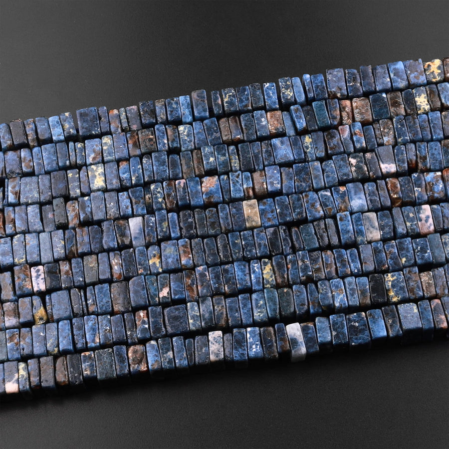 Natural Cobalt Blue Pegmatite W Orange  Muscovite Spinel Matrix Thin Square Heishi Disc Beads 6mm Gemstone 15.5" Strand