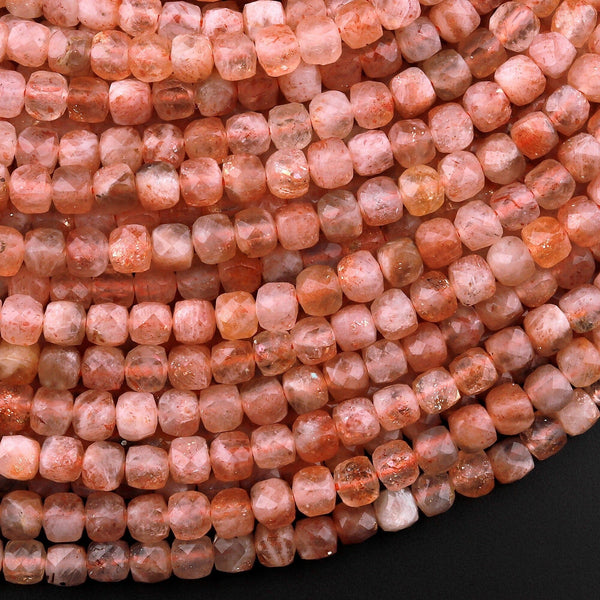 Natural Sunstone Faceted 4mm Cube Dice Square Beads 15.5" Strand