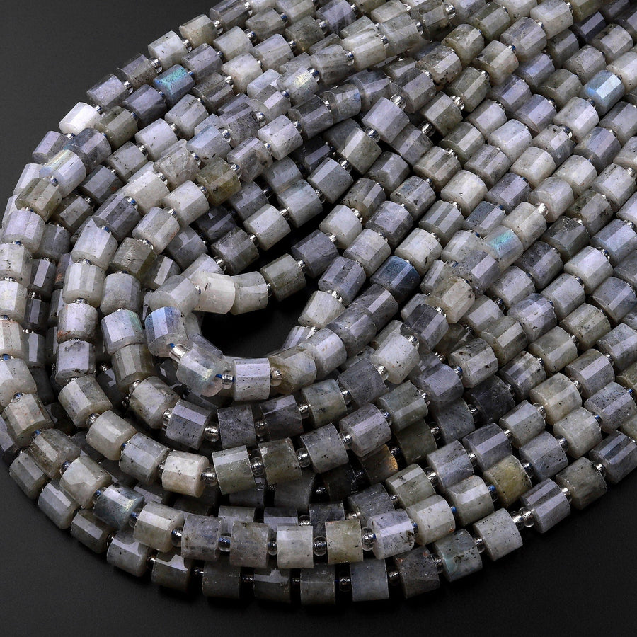 Faceted Labradorite Short Cylinder Rondelle 6mm Beads 15.5" Strand