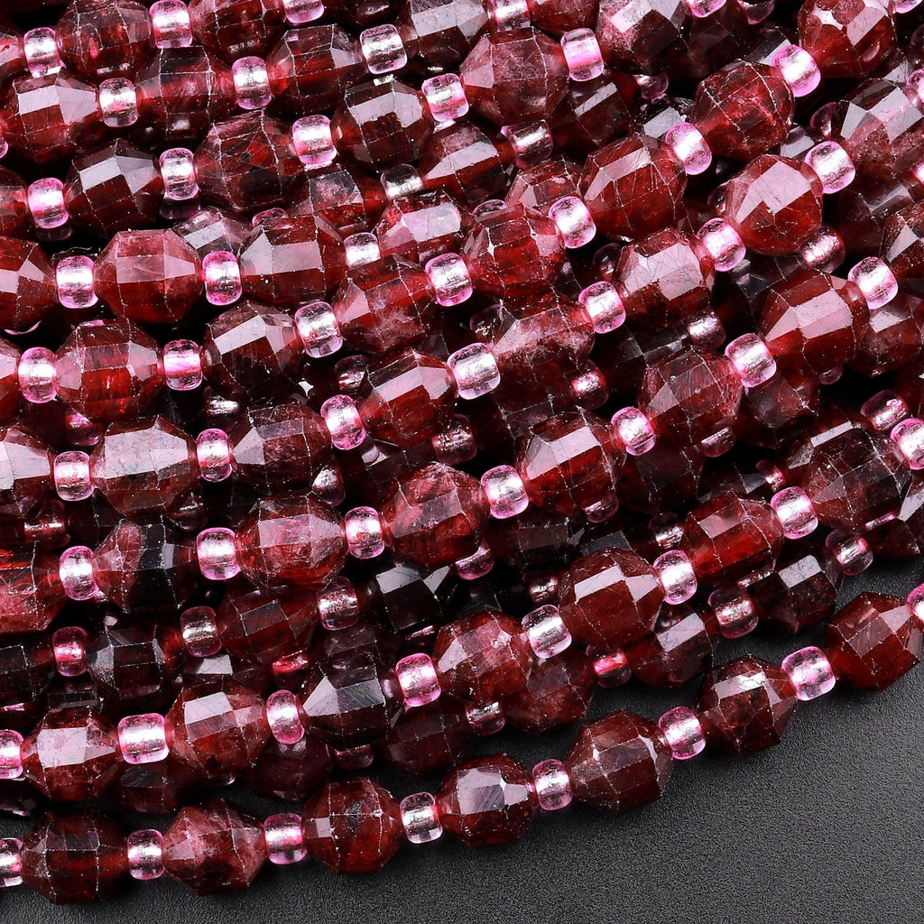 Natural Red Garnet 6mm Beads Faceted Energy Prism Double Terminated Points 15.5" Strand