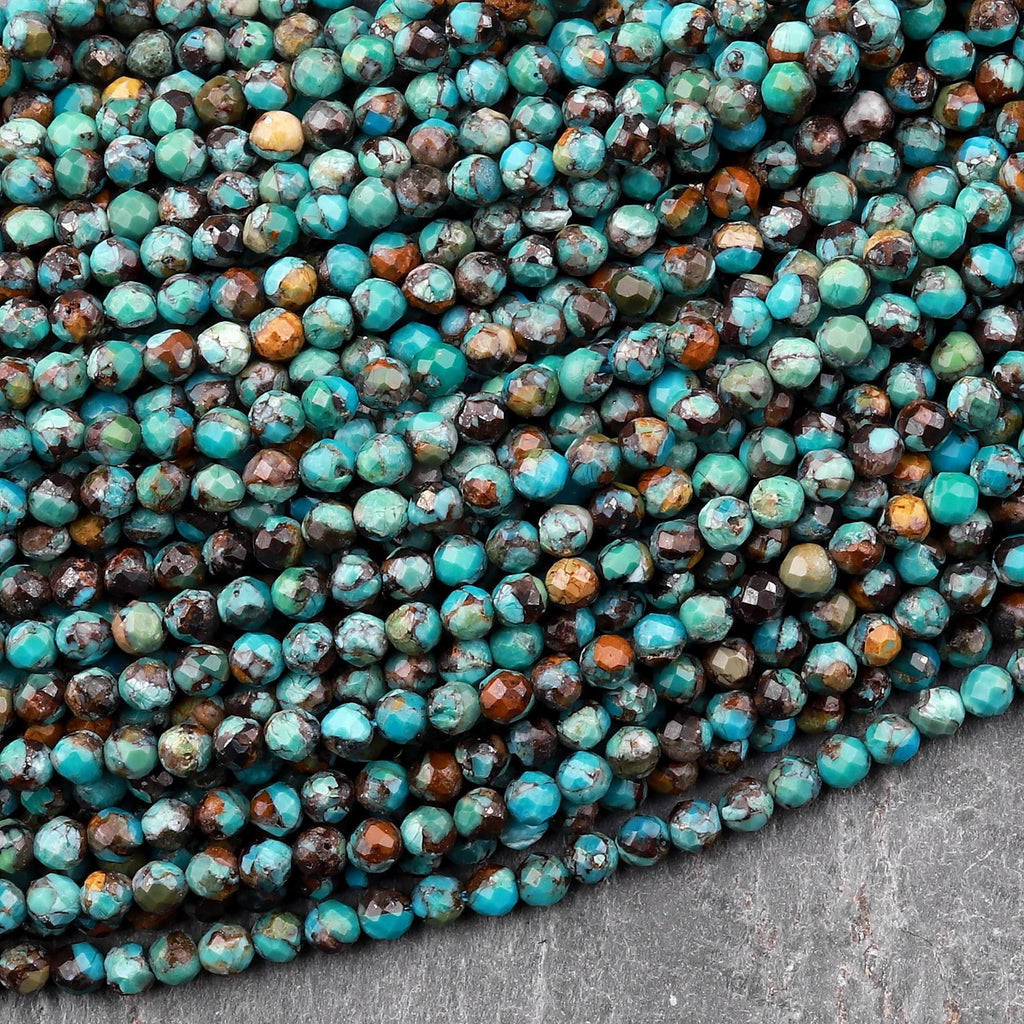 Natural Turquoise 2mm 3mm Faceted Round Beads Real Genuine Bright Brown Blue Green Turquoise Micro Diamond Cut 15.5" Strand