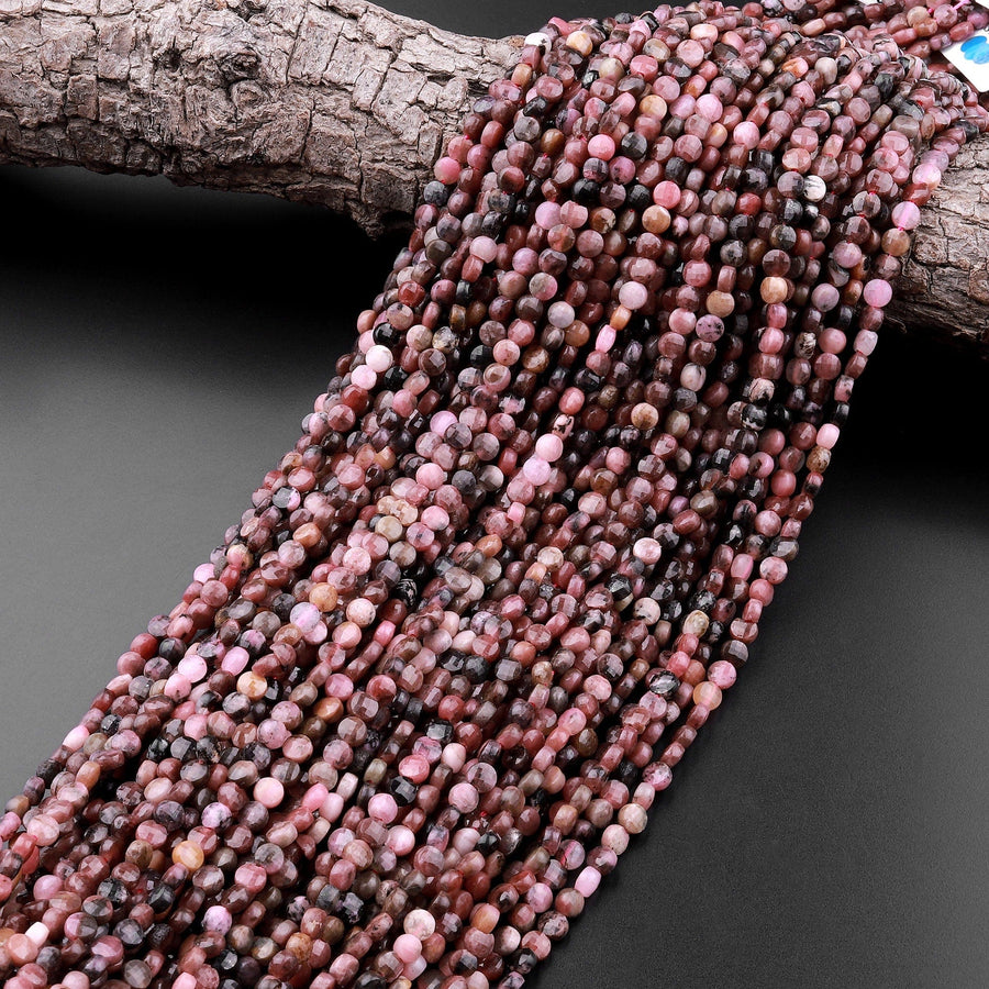 Faceted 4mm Rhodonite Coin Beads 15.5" Strand