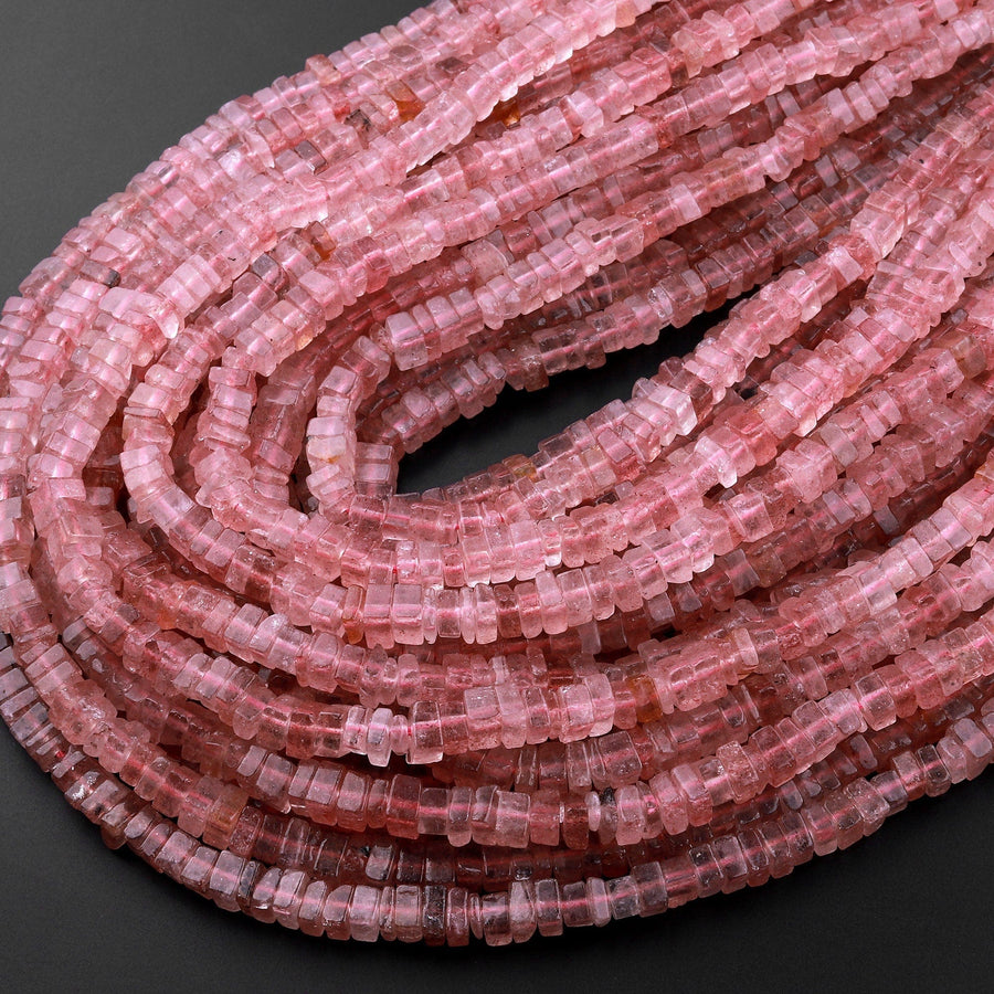 Natural Pink Red Strawberry Quartz Thin Square Heishi Disc Beads 5mm Gemstone 15.5" Strand