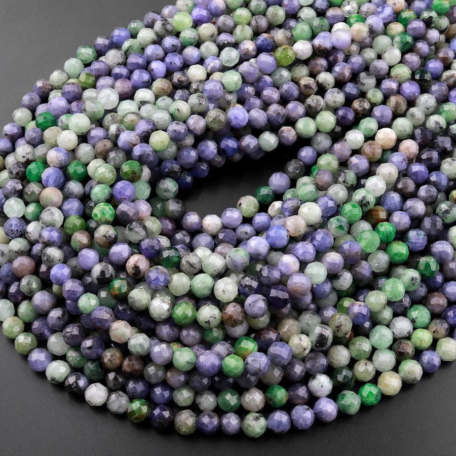 Faceted Natural Tanzanite Green Diopside Round Beads 6mm Real Genuine Purple Blue Gemstone 15.5" Strand