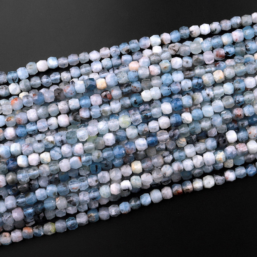 Natural Blue Aquamarine Faceted 4mm Cube Beads Micro Faceted Laser Diamond Cut 15.5" Strand