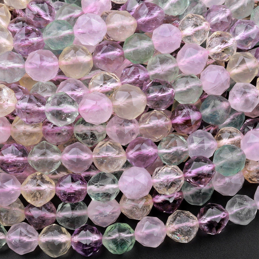 Natural Amethyst Rose Quartz Citrine Fluorite Double Hearted Star Cut Faceted 8mm Rounded Beads 15.5" Strand