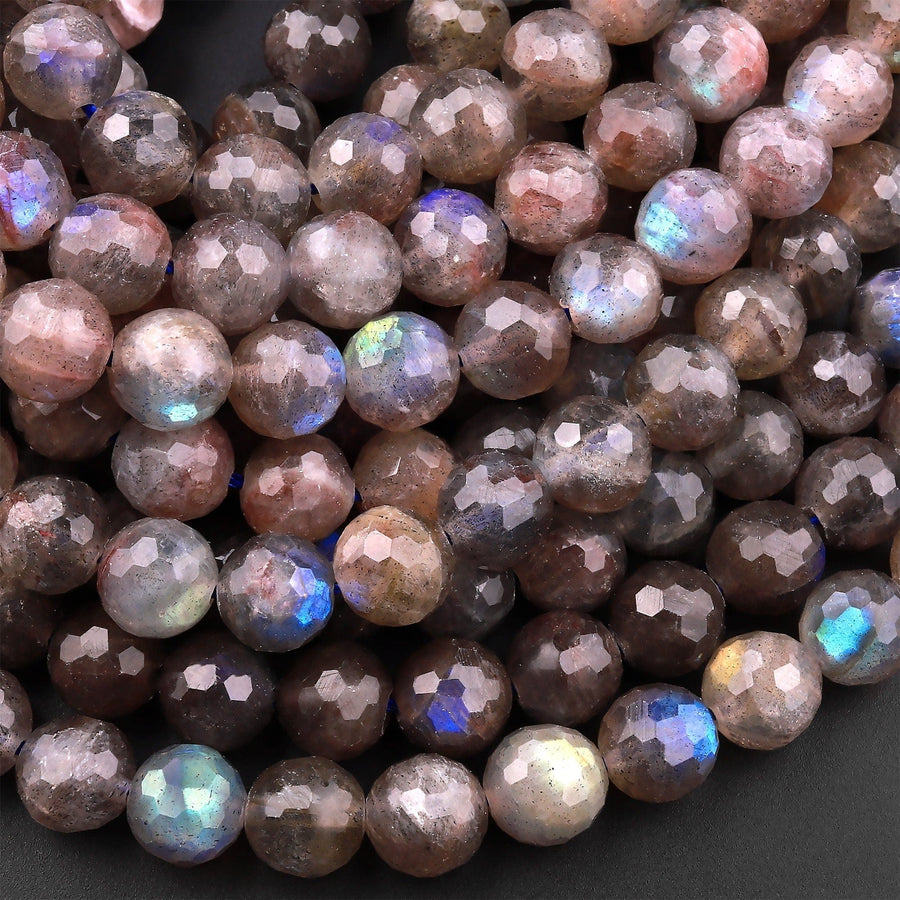 Extremely Rare! Faceted Natural Red Labradorite 6mm 8mm Round Beads 15.5" Strand